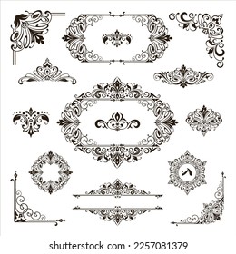 Vintage design lace borders monogram logo and corners, dividers Vector set art deco floral ornaments elements