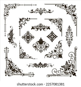 Vintage design lace borders monogram logo and corners, dividers Vector set art deco floral ornaments elements