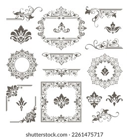 Diseño de vintage bordes de encaje monograma y esquinas, divisores Vector conjunto de elementos de adornos florales de arte deco