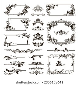 Vintage-Design-Spitzen grenzt an Monogramm-Logo und Ecken, Divider Vectorset Art Deco-Blumenzierelemente