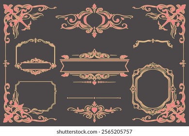 vintage design lace borders monogram logo and corners Vector set art deco floral ornaments elements
