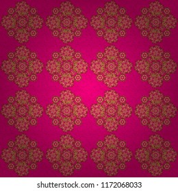 Vintage design in a magenta and golden colors. Damask elegant wallpaper. Vector seamless pattern on a magenta background.