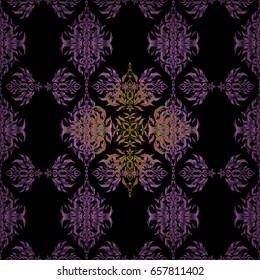 Vintage design with motley ornaments. Abstract vector seamless pattern with pink, violet and green ornaments on a black backdrop.