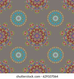 Vintage design in multi colors. Damask elegant wallpaper. Vector seamless pattern on a gray background.