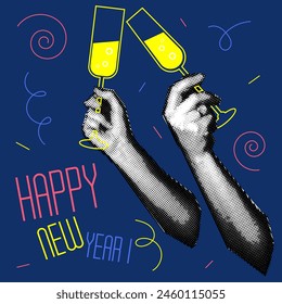 Vintage design of the New Year's banner of the 90s with the image of hands holding champagne glasses. Collage of dots. Retro party. Vector illustration for a poster or greeting card. New Year