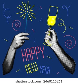 Vintage design of the New Year's banner of the 90s with the image of hands holding champagne glasses and sparklers. A collage of dots. Retro party. Vector illustration for a poster or greeting card