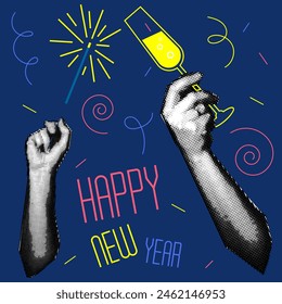 Vintage design of the New Year's banner of the 90s with the image of hands holding champagne glasses and sparklers. A collage of dots. Retro party. Vector illustration for a poster or greeting card