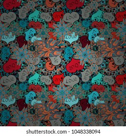 Vintage design, pop art style. Cute blue, black and orange colors elements. Valentine':s day print. Seamless of retro comic with LOVE expression text. Vector illustration.