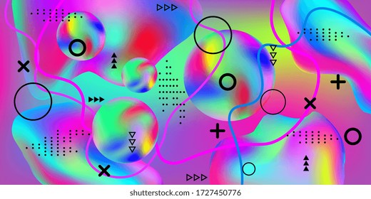 Vintage  design poster 3d, great design for any purposes.  Bright smooth mesh is blurred by a futuristic pattern in pink, blue, green, yellow, purple tones. Gradients waves music background.