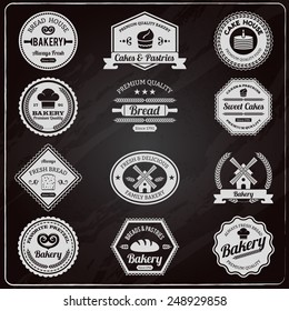 Vintage design premium quality family bakery chalkboard fresh bread emblems labels collection outline abstract isolated vector illustration