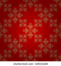 Vintage design in a red and golden colors. Damask elegant wallpaper. Vector seamless pattern on a red background.