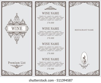 Vintage design of restaurant menu. Wine list or card collection, cover and page for price. Beautiful ornate design with vine and flowers elements. Menu template, gray color classic design