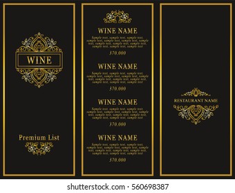 Vintage design of restaurant menu. Wine list or card collection, cover and page for price. Beautiful ornate design with vine and grapes elements. Menu template, premium gold style