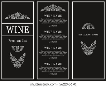 Vintage design of restaurant menu. Wine list or card collection, cover and page for price. Beautiful ornate design with vine and grapes elements. Menu template, chalkboard style, black background