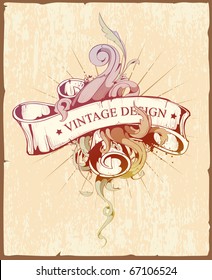 Vintage design of ribbon with beautiful pattern. Dirty old school hand drawn illustration. Scratched paper background. Layered. Vector EPS 10 illustration.