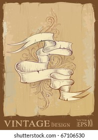 Vintage design of ribbon with beautiful pattern. Dirty old school hand drawn illustration. Stained old paper on background. Layered. Vector EPS 10 illustration.