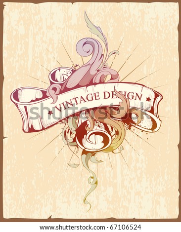 Vintage design of ribbon with beautiful pattern. Dirty old school hand drawn illustration. Scratched paper background. Layered. Vector EPS 10 illustration.