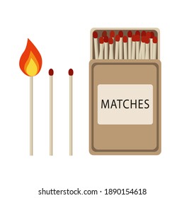 Vintage design set of matches. Burning match. Match sticks and box set. Matchsticks and matchbox in Flat style. Vector illustration isolated on white background.
