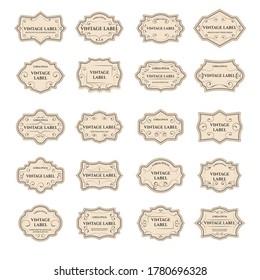 Vintage design shapes of badge frame set. Decorative ornaments of labels, elegant gold badges, pearl logos elements, vector retro illustration for banner isolated on white background