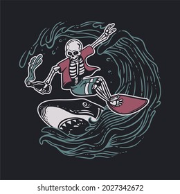 vintage design skeleton doing surfing while holding beer bottle with shark and black background vintage illustration