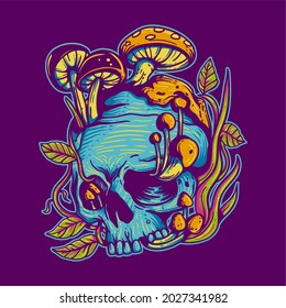 vintage design skull with mushroom vintage illustration