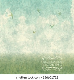 Vintage Design - summer landscape with meadows and swallows. Vector grungy texture