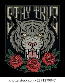 Vintage design for t shirt. Rock and roll poster or print with tiger face, red roses and inscription. Banner with wild animal. For printing on fabric. Cartoon flat vector illustration in retro style