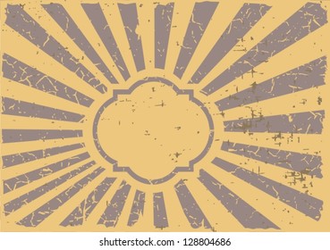 Vintage design template with frame and sunbeams.Plus three objects  cracked surface.