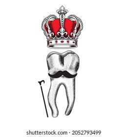 vintage design of a tooth with mustache, crown and cane for art or tattoo