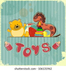 Vintage Design Toy Shop - Old Toys On Retro Blue Background - Vector Illustration