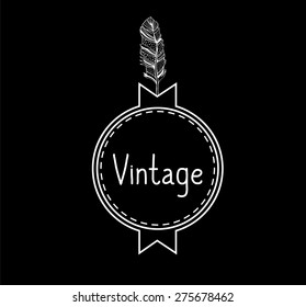 Vintage design university logo, logotype element in circle shape with retro doodle feather. Can be used for ethnic shop. Vector illustration.