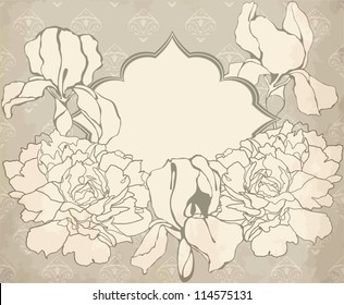 Vintage  design for wedding  card or invitation. Vector illustration with ornamental iris and peony flowers. Greeting card. Delicate background in vintage stile