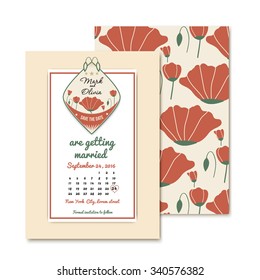 vintage design wedding invitations. For wedding decoration with poppies. Template of the emblem save the date with names of the bride and groom. Vector illustration with seamless pattern.