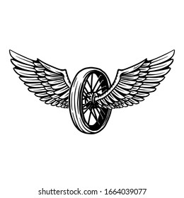Vintage design with winged motorcycle wheel. For poster, banner, emblem, sign, logo. Vector illustration