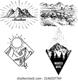 Vintage designs, mountains and hills, vector design, tattoo ideas