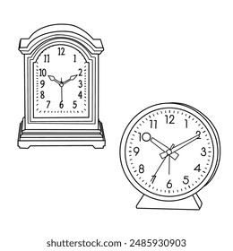 Vintage desk clock line art. Flat sketch desk clock illustration drawing template mock-up. Isolated on a white background.