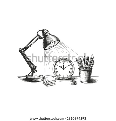 A vintage desk lamp casts light on an oval clock, a stack of paper, and a cup of art brushes.