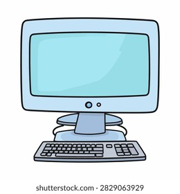A vintage desktop computer setup featuring a monitor, keyboard, and connecting cables, isolated on a plain background.