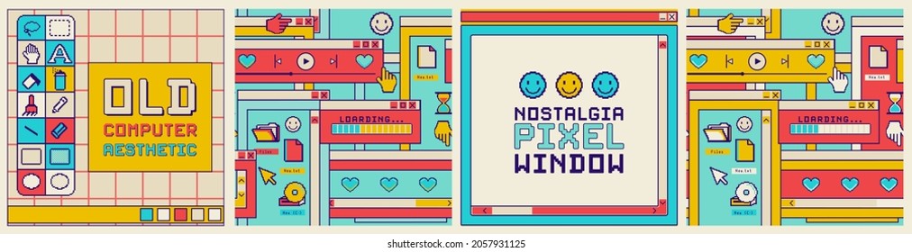 Vintage desktop windows and boxes, template for square social media post, seamless patterns, frame for slogan.Old computer pixel screen, user interface. Sticker pack of retro computer elements.