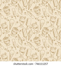 Vintage dessert pattern - sketch ice cream and cherries seamless pattern. Vector illustration