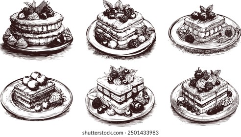 Vintage dessert set. Hand drawn sweet dessert concept. Monochrome retro illustration isolated on white background. French desserts mont blanc, paris brest.