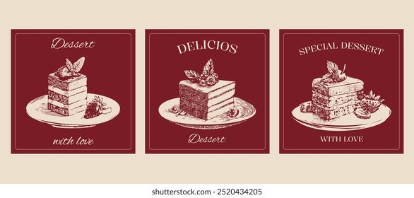 Vintage dessert set. Hand drawn sweet dessert concept. Monochrome retro illustration cards for confectionery. French desserts mont blanc, paris brest.