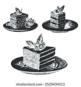 Vintage dessert set. Hand drawn sweet dessert concept. Monochrome black retro illustration isolated on white background. French desserts mont blanc, red velvet, paris brest.