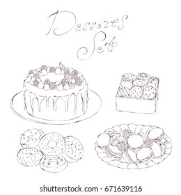 Vintage desserts vector illustration set. Hand drawn sweets elements in sketch style. Cake, donuts, macaroons and chocolate candies for different design
