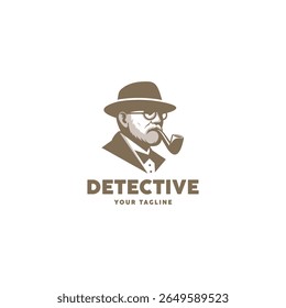 A vintage detective logo featuring a classic man with a hat, glasses, and pipe. Simple, retro style illustration suitable for branding, mascots, icons, and mystery themes.