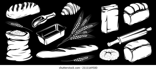 Vintage deteil black and white bread set. Organic food. Bakery tools. Natural organic bake nutrition. Vector drawing. Sketch drawing. Vector set.
