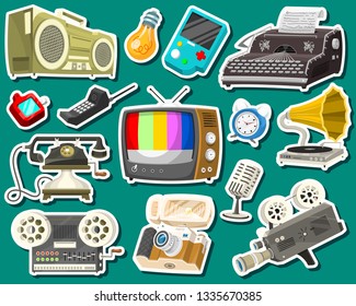 Vintage devices icons. Retro tech media, Television tv, Audio radio music, Electronic sound recorders, Movie Camera, Typewriter and Console, Vinyl player. Set of old gadgets and Multimedia technology.