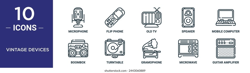 vintage devices outline icon set includes thin line microphone, flip phone, old tv, speaker, mobile computer, boombox, turntable icons for report, presentation, diagram, web design