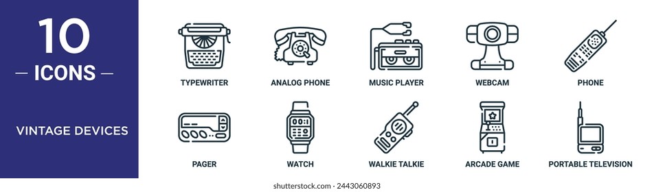 vintage devices outline icon set includes thin line typewriter, analog phone, music player, webcam, phone, pager, watch icons for report, presentation, diagram, web design