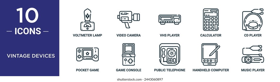 el conjunto de iconos de contorno de los dispositivos vintage incluye lámpara delgada del voltímetro de la línea, cámara de vídeo, jugador de vhs, calculadora, reproductor de cd, juego del bolsillo, iconos de la consola de juegos para el informe, presentación, diagrama, diseño web